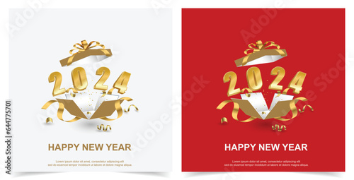 Happy new year 2024. number on open give box set square background
