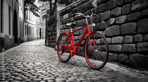 Retro vintage red bike on cobblestone street