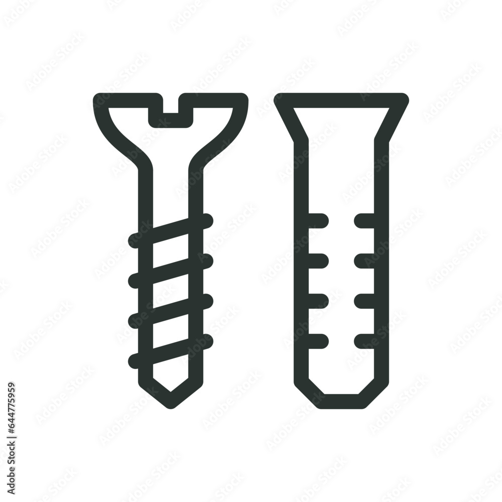 Screw and dowel isolated icon, fastenings vector icon with editable stroke Screw and dowel isolated icon, fastenings vector icon with editable stroke