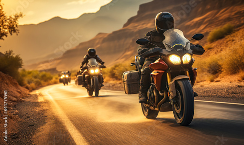 Twilight trailblazers: Group of riders chasing sunset on their motorcycles. © Bartek