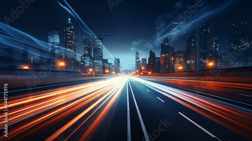 Road with light trails of passing vehicles.