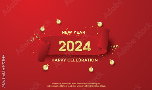 Happy new year 2024. happy new year 2024 with christmas decoration on red background