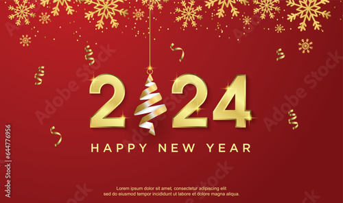 Happy new year 2024. with gold decoration on red background. happy 2024 new year