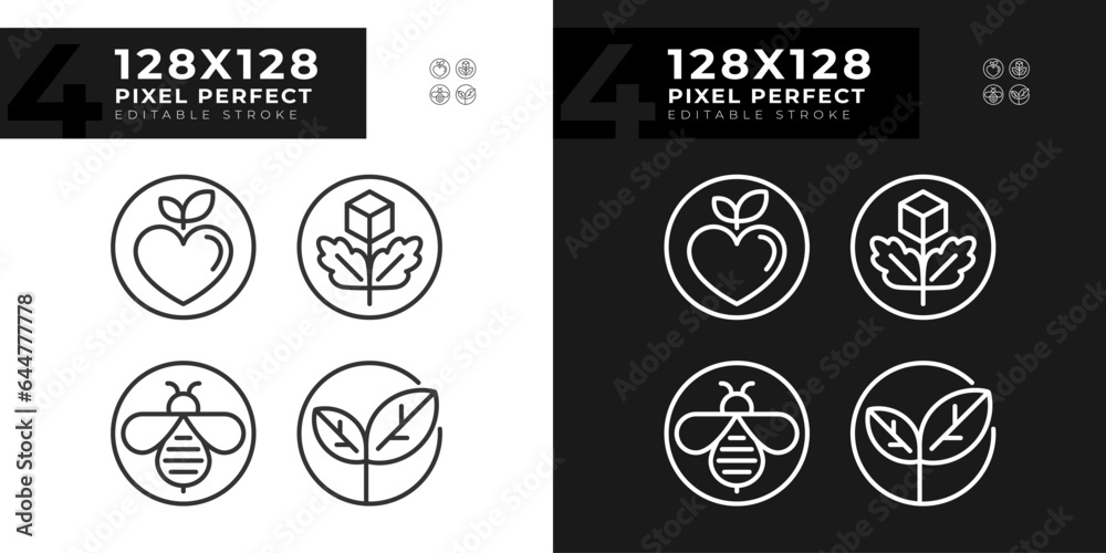 Pixel perfect icons set representing allergen free, editable dark and light thin linear illustration.