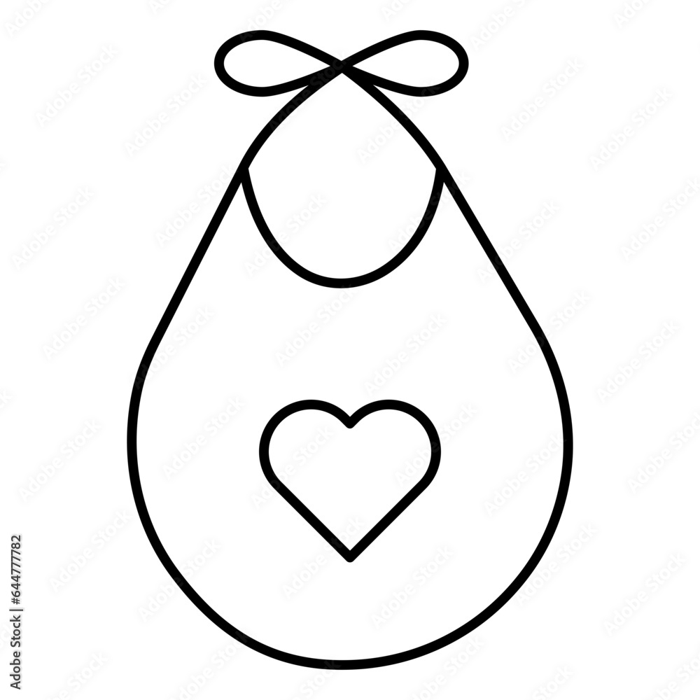 Heart shape on baby bib icon in line art.