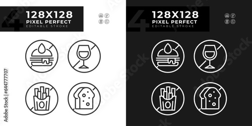 Pixel perfect dark and light simple icons collection representing allergen free, editable thin linear illustration.