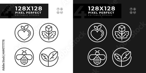 Pixel perfect icons set representing allergen free, editable dark and light thin linear illustration.
