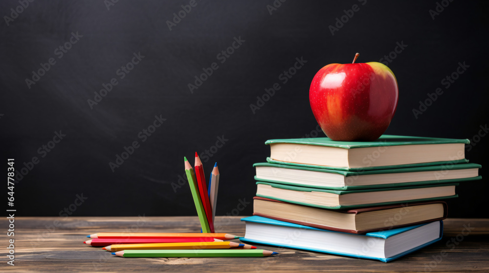 Apple On Stack Of Books With Pencils