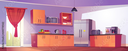 Office kitchen interior - large, bright flooded with sunlight room with wooden furniture, refrigerator, two microwaves, coffee machine and kettle, kitchenware for employees to have break and lunch.