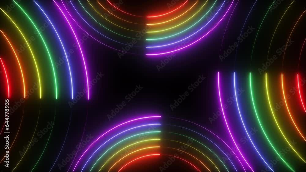 Abstract neon glowing rainbow circles motion graphics on black background. Seamless looping animation Abstract neon glowing rainbow circles motion graphics on black background. Seamless looping animation