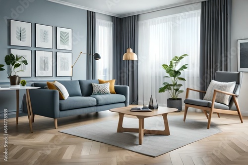 Scandinavian living room interior with grey sofa. Generative AI