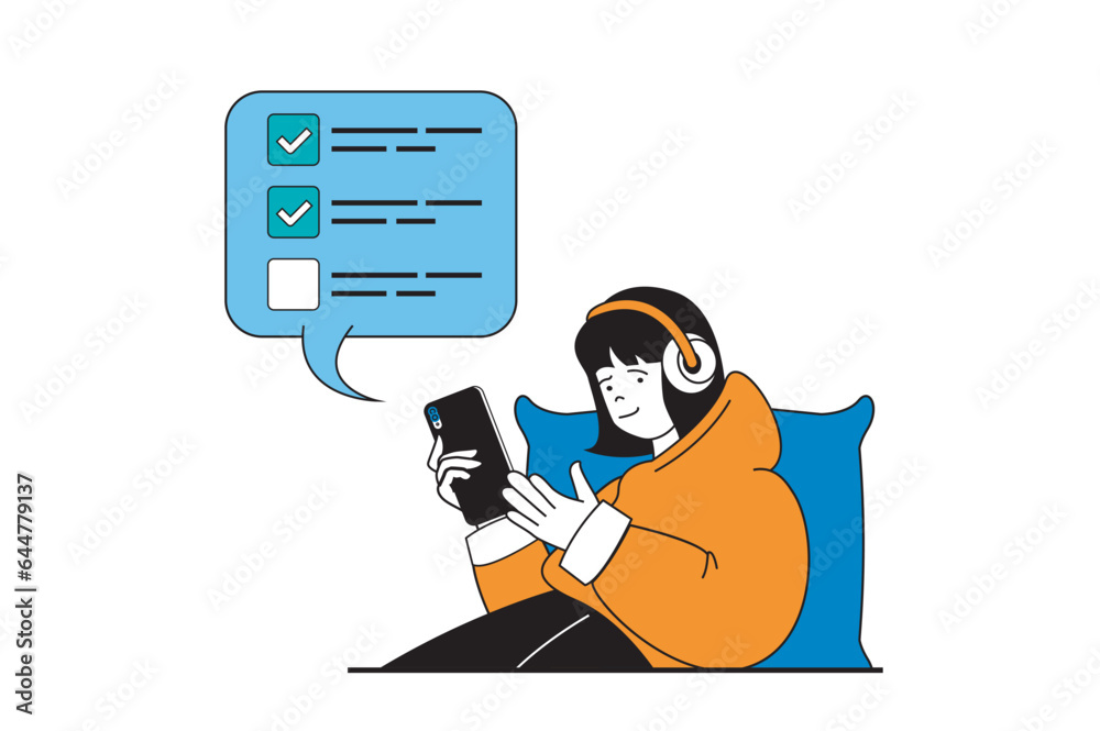 Productivity workplace concept with people scene in flat web design. Woman making work tasks and putting checkbox in list at app. Vector illustration for social media banner, marketing material.