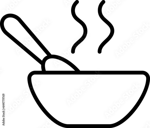 Black line art illustration of Spoon in hot food bowl icon.
