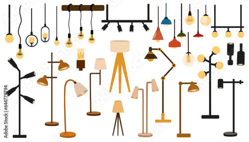 Interior lamps collection. Furniture for home and living room. Vector set of floor lamp table lamp ceiling lamp. Interior lights, home and office trendy electric chandelier.