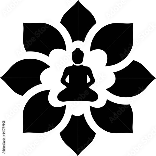 Buddha sitting on lotus flower icon in b&w color.