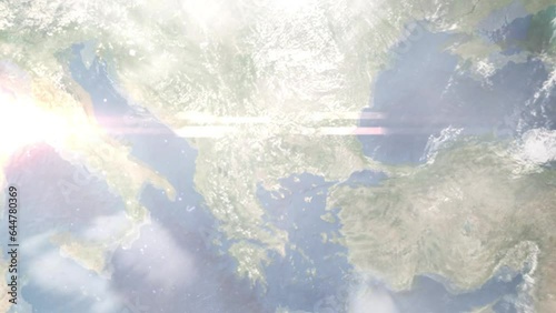 Zoom in from space and focus on Gotse Delchev, Bulgaria. 3D Animation. Background for travel intro. Elements of this image furnished by NASA photo