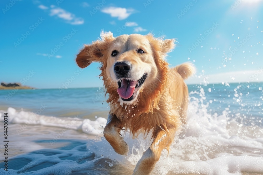A Golden Retriever Dog Frolicking on the Shores of a Crystal-Clear Blue Ocean
