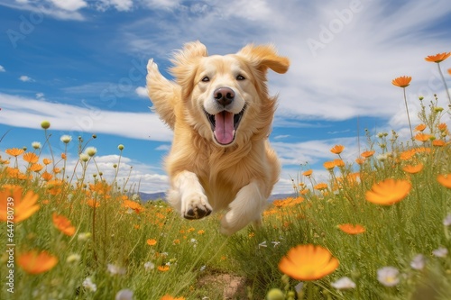 Golden Retriever Dog Running Through a Field of Wildflowers