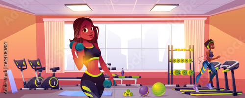 Fit black woman in sport gym for workout exercise illustration. People do cardio training and dumbbell aerobic in athlete studio for healthy body. Young slim female person in sportswear jogging