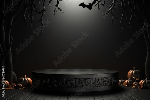 Black podium shelf or empty pedestal display with pumpkins  spiders  bats on dark Halloween background. Blank stand for showing product. Happy halloween banner mockup. 3D rendering. Generative AI