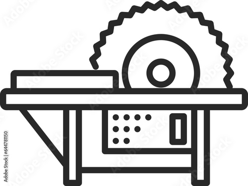 Flat Style Saw Table Icon in Black Outline.