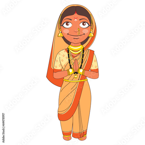 Beautiful Marathi Woman Standing in Namaste Pose. photo