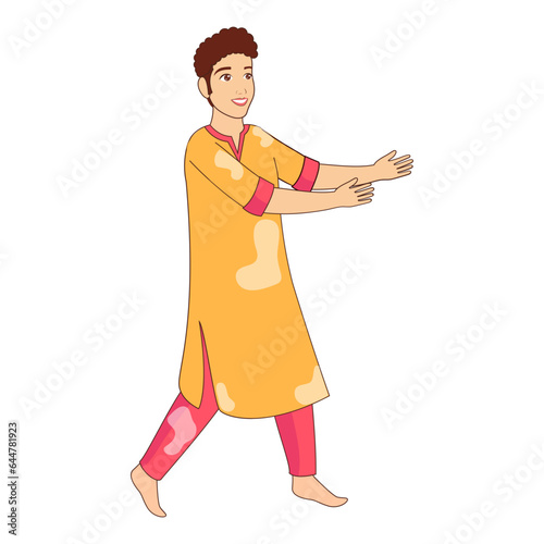 Young boy wearing kurta pajama with open his arms.