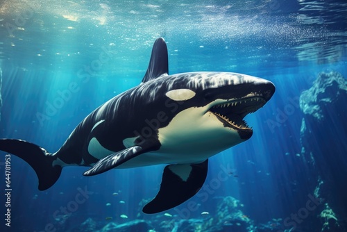 Killer whale with open mouth swimming under water.