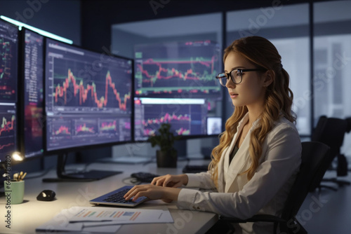 Young analyst woman working from home in front of displays showing market graphs