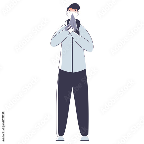 Young Boy Sneezing or Cold and Cough with Napkin.