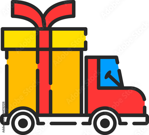 Gift delivery truck icon in red and yellow color.
