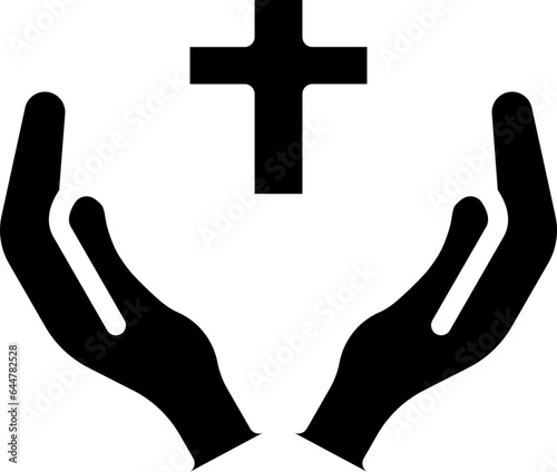 Praying Hands With Cross Icon in Glyph Style.