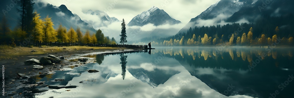 A tranquil lake nestles amidst a green landscape, surrounded by a forest of trees and snow-capped mountains shrouded in mist. The scene is one of serene beauty, with a sense of mystery and enchantment - obrazy, fototapety, plakaty 