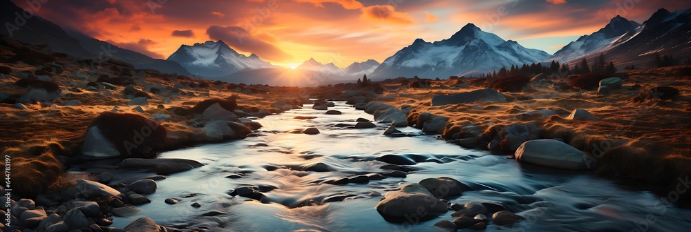A cozy lake shimmers in the foreground of a red-orange landscape, surrounded by rocks and snow-capped mountains. The golden light of the setting sun casts a warm glow over the scene. Peaceful nature!