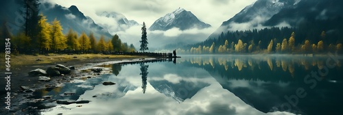 A tranquil lake nestles amidst a green landscape, surrounded by a forest of trees and snow-capped mountains shrouded in mist. The scene is one of serene beauty, with a sense of mystery and enchantment photo