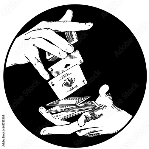 hands with playing cards on black background. simple monochrome illustration for poker, casino and magician