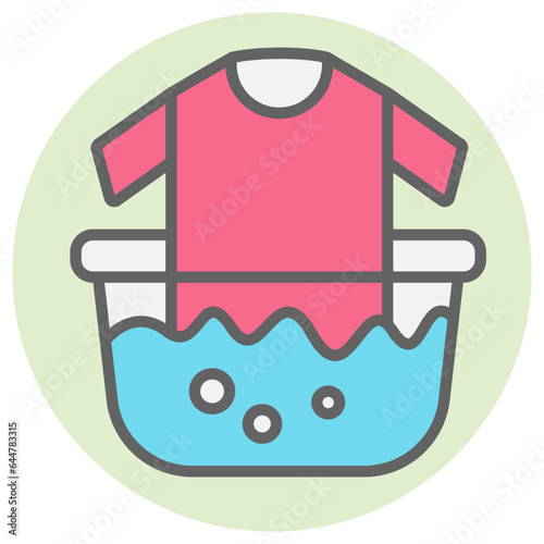 Washing T-shirt in water tub icon in flat style.