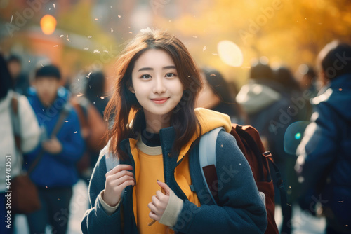 Concept of International Students  Day. Cute young woman outdoor.