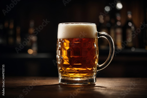 Beer mug on dark background. Commercial promotional photo