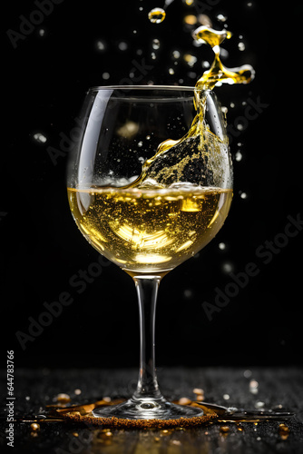 White wine splashing in glass on black background. Commercial promotional photo