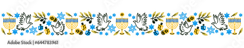 Happy Hanukkah banner. Flat vector illustration. Hanukkah religion holiday background with holiday symbols