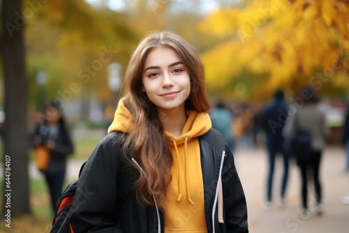 Concept of International Students' Day. Cute young woman outdoor.