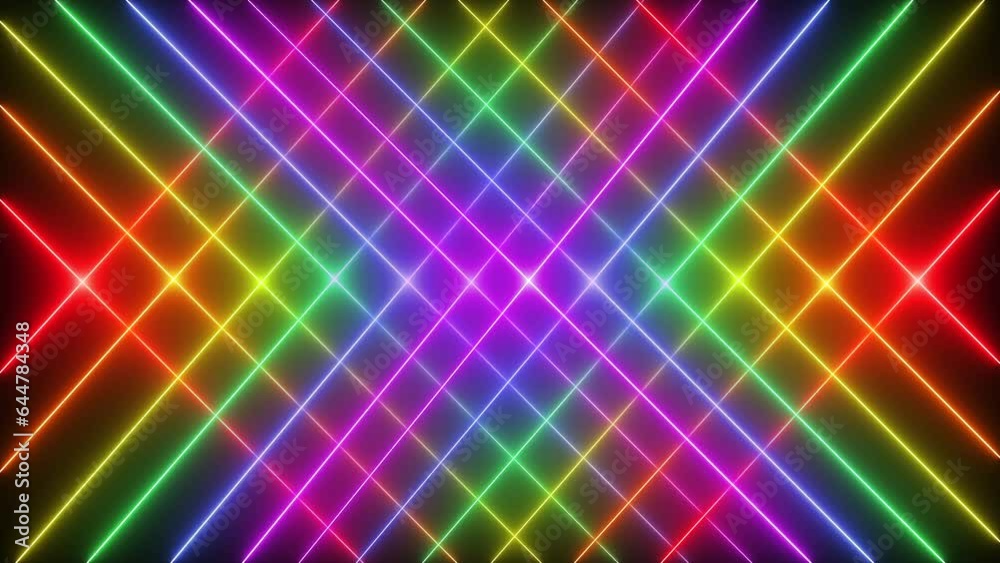 Abstract rainbow motion background with neon lines pattern seamless loop animation. 4K footage