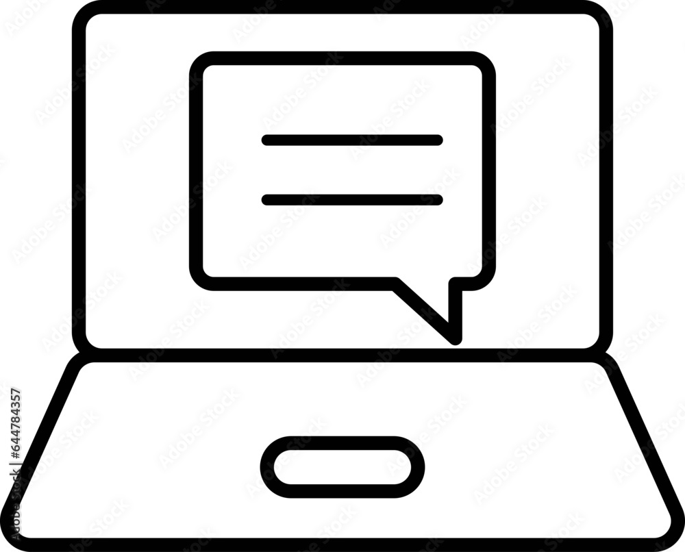 Online chat or speech bubble on laptop screen icon in line art.