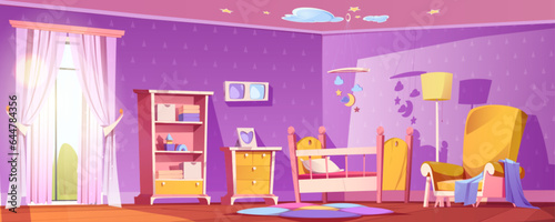 Nursery baby room interior with child bed and toy furniture. Childish bedroom for sleep cartoon background. House indoor illustration with purple wall and newborn crib. Yellow armchair near cradle photo