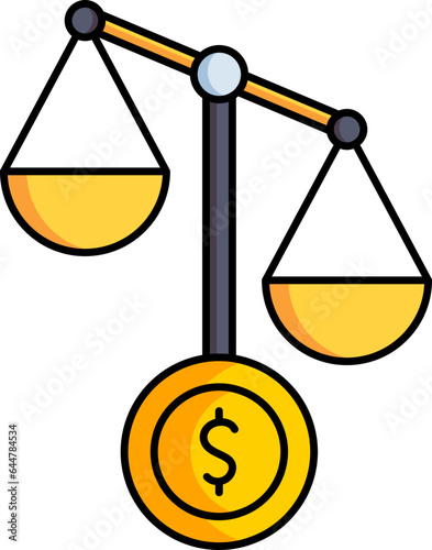 Money coin with balance scale icon in yellow and black color.