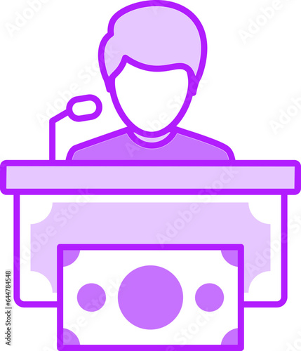 Woman Speak on Stage with Money icon or symbol.