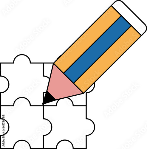 Colorful Pencil with Puzzle icon in flat style.