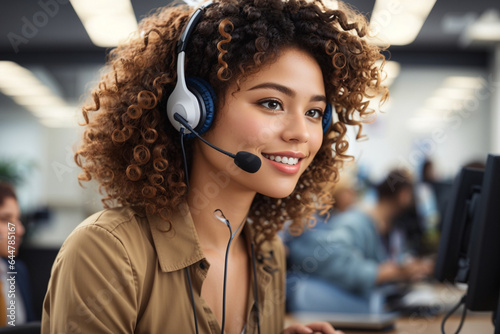 Customer service representative with curly hair talking through headset photo