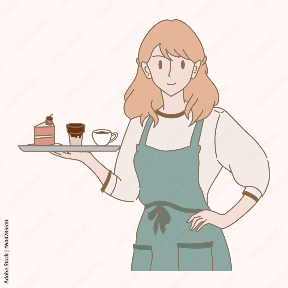 Professional waitress in apron standing with hand on hip, holding a tray, serving cups of tea, glass of ice coffee, piece of cake. Hand drawn flat cartoon character vector illustration. Professional waitress in apron standing with hand on hip, holding a tray, serving cups of tea, glass of ice coffee, piece of cake. Hand drawn flat cartoon character vector illustration.
